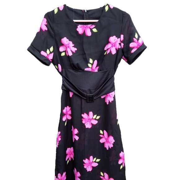 Handmade Dress Black Pink Floral Sheer 36"B 28"W Stretchy Mennonite - Picture 1 of 11